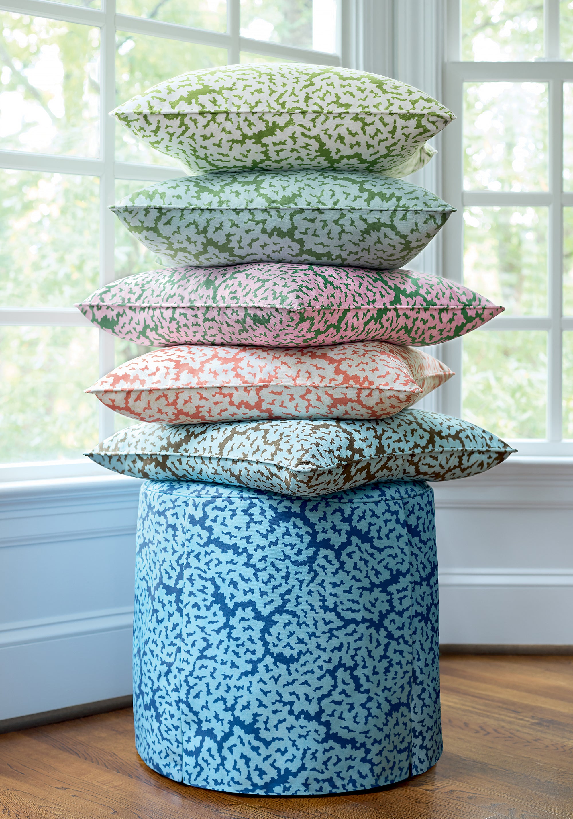 Fabric samples showing Maldives fabric in coral color - pattern number F942043 - by Thibaut