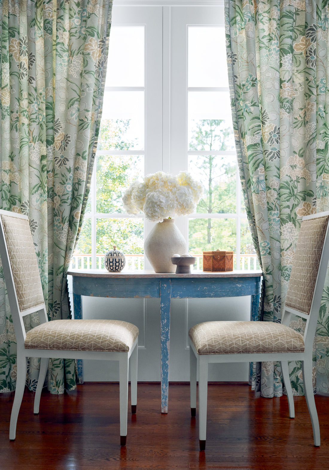 Draperies made with Meadow fabric in sage color - pattern number F942039 - by Thibaut in the Sojourn collection