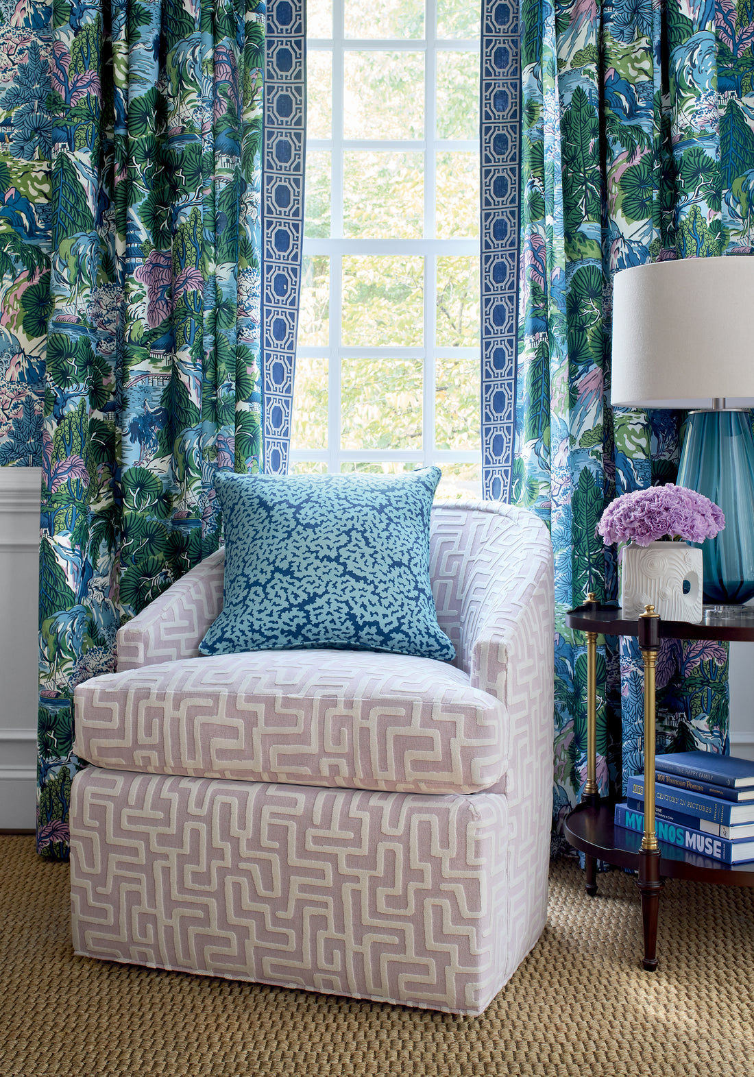 Living room with Draperies in Thibaut Pagoda Trees printed fabric in Lavender and Blue pattern number F942024