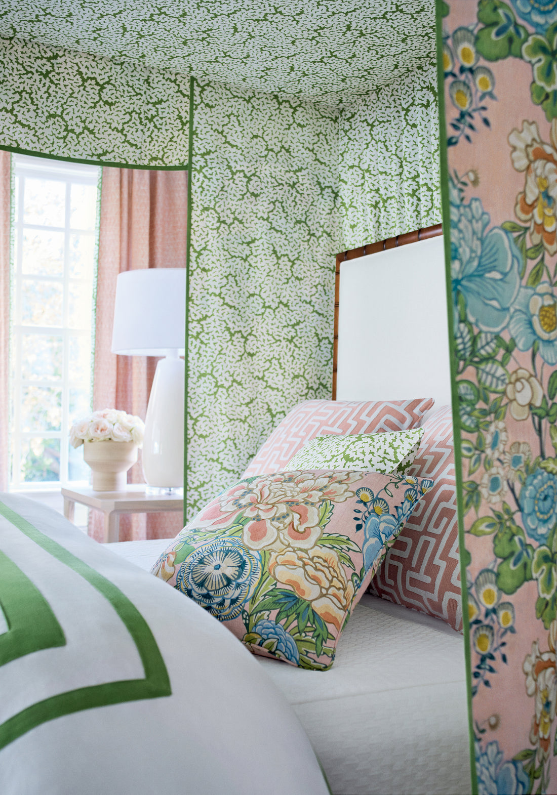 Bed Canopy made with Maldives printed fabric in Green pattern number F942041