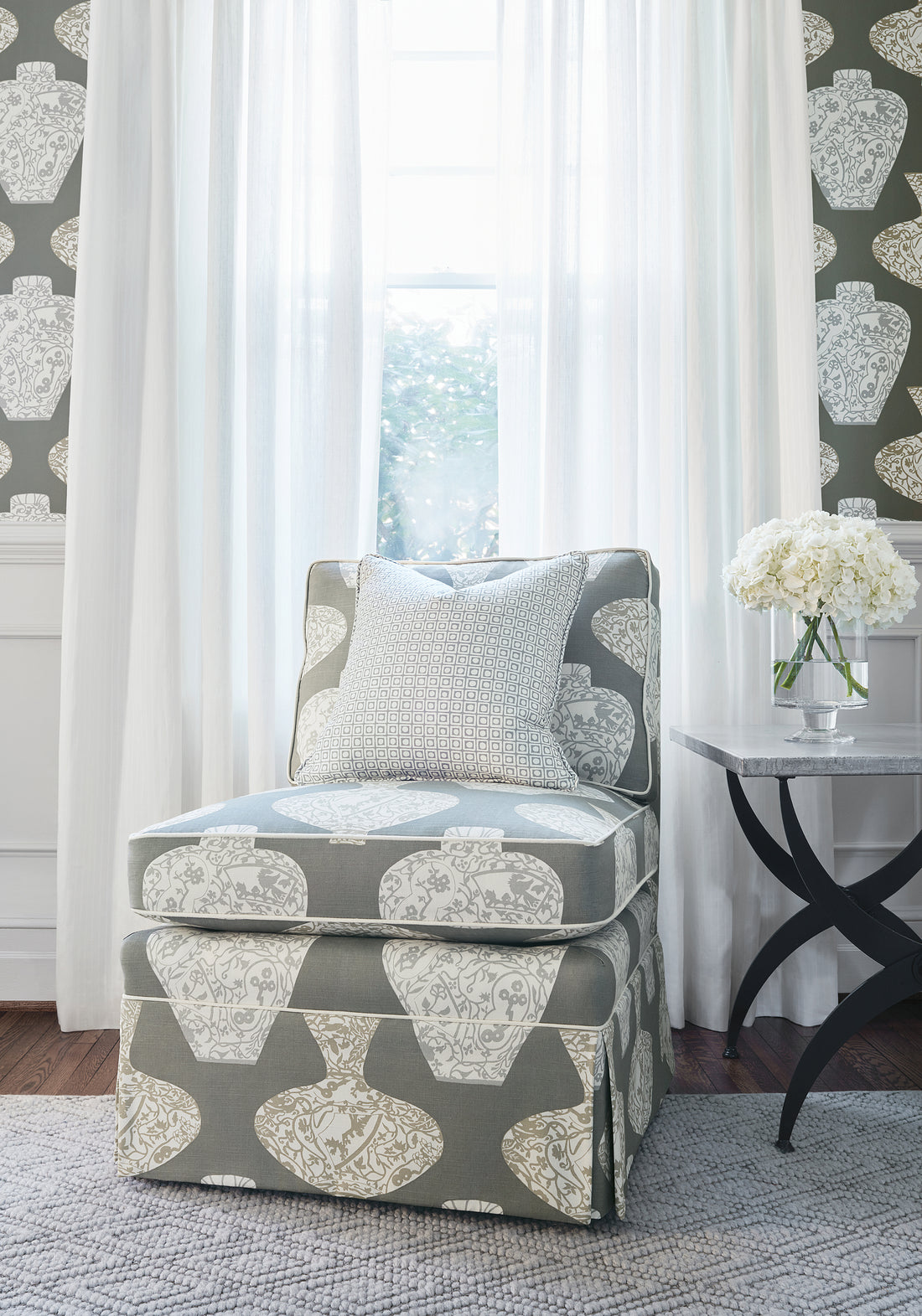 Grey colored Chelsea Chair in Imari Vase printed fabric, pattern number F913127 of Thibaut&