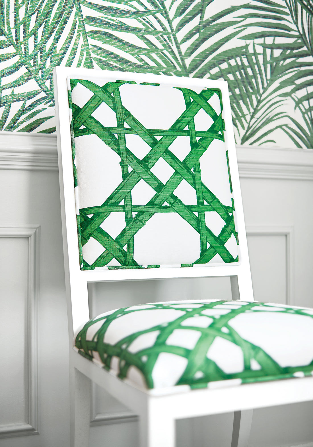 Emerald green colored Lauderdale Chair in Cyrus Cane printed fabric, pattern number F913140 of Thibaut&