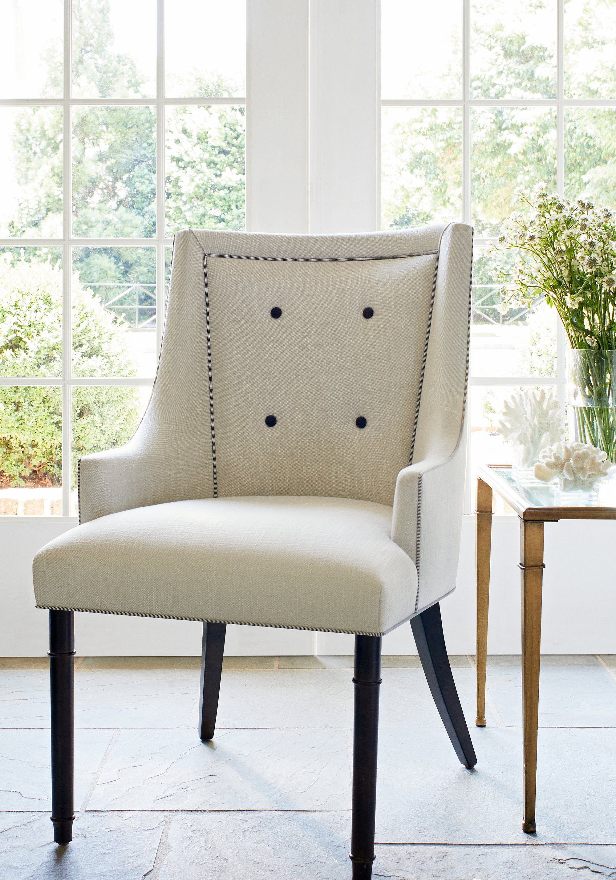 Palisades Dining Chair in Bristol woven fabric in flax color with onyx trim - pattern number W73416 - by Thibaut in the Landmark Textures collection