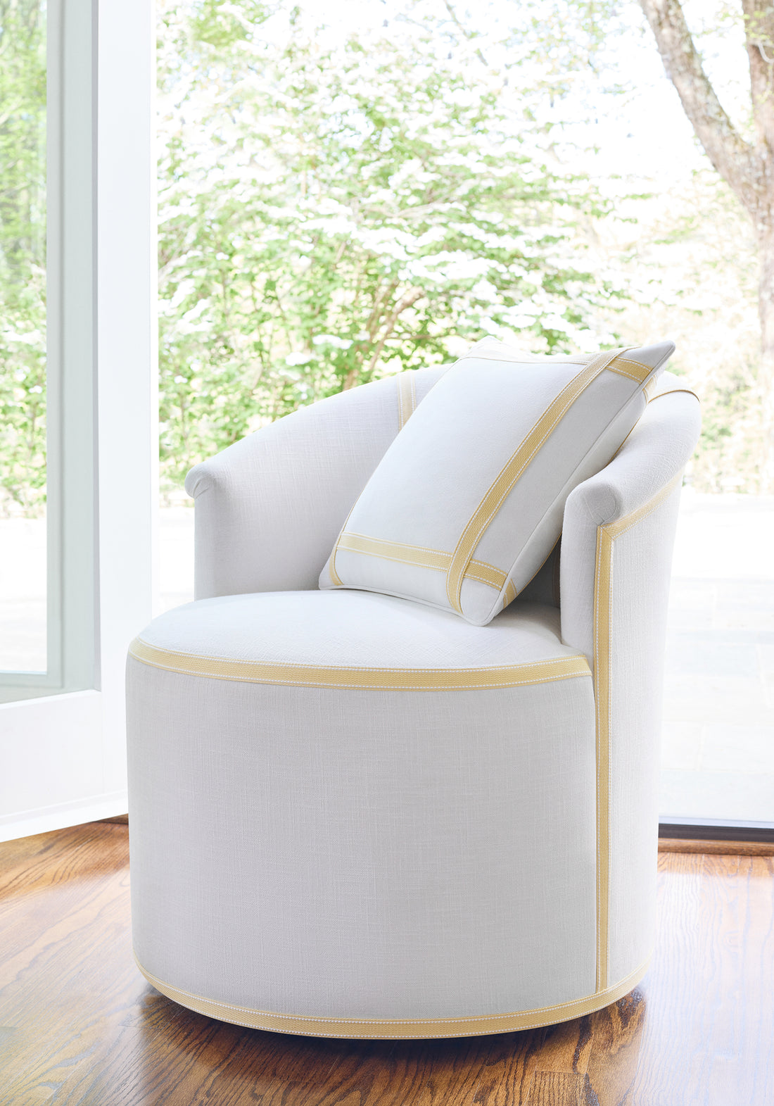 Ashby Chair with Upholstered Base in Bristol woven fabric in snow white with buttercup trim - pattern number W73418 - by Thibaut in the Landmark Textures collection