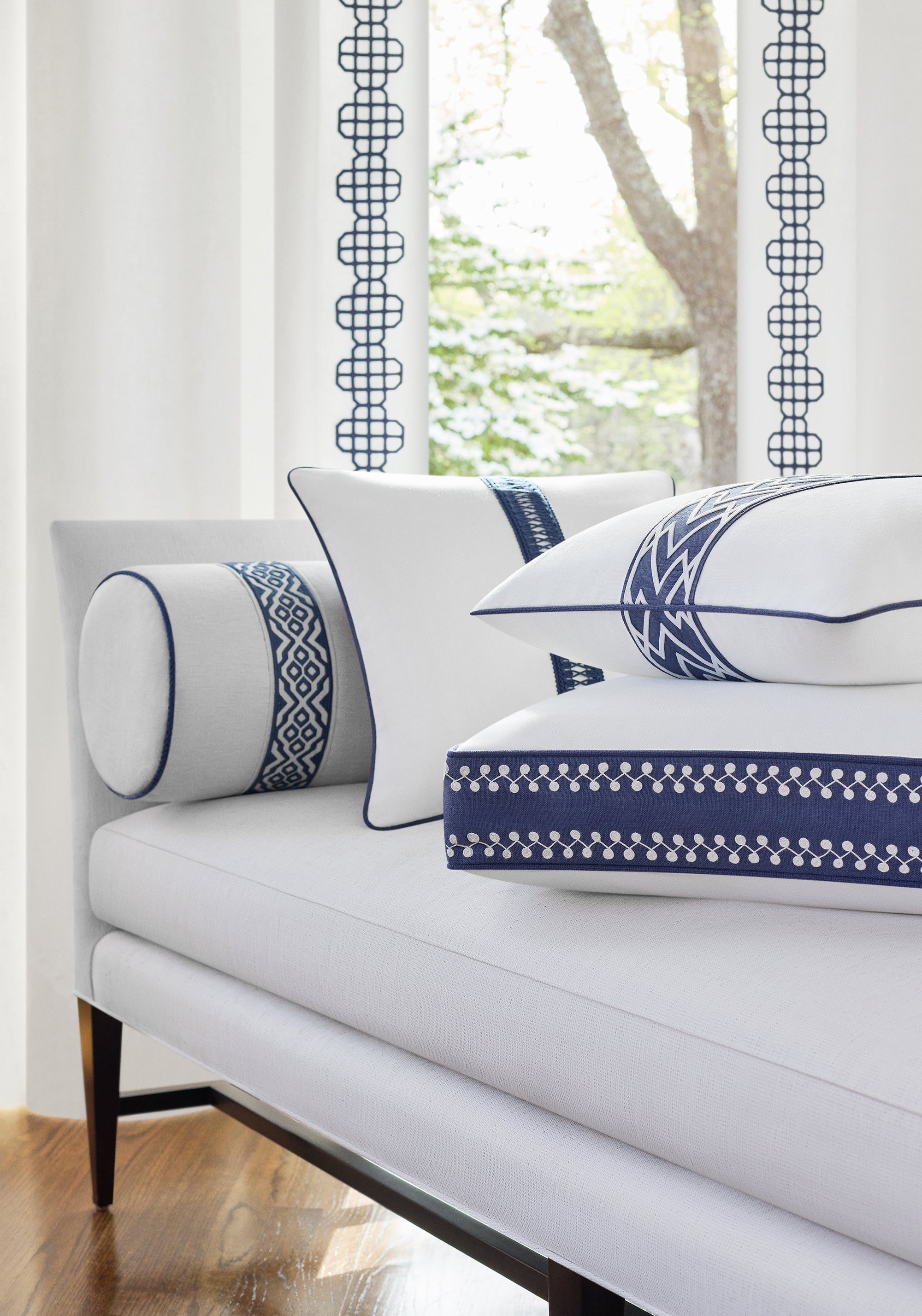Closeup of Addison daybed in Thibaut Ambient woven fabric in Platinum color, pattern number W75205