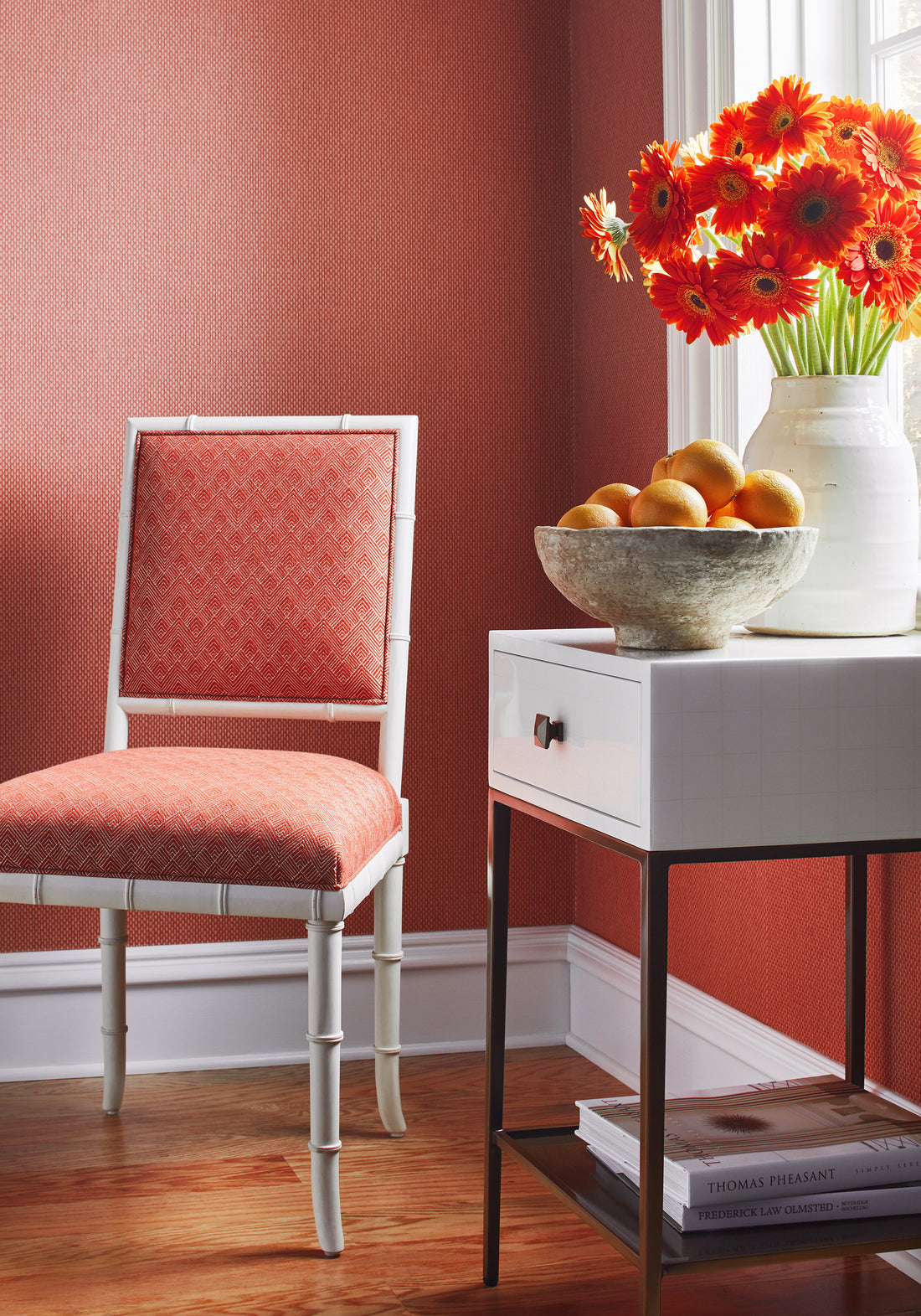Darien Dining Chair in Maddox woven fabric in burnt orange color - pattern number W73327 by Thibaut in the Nomad collection