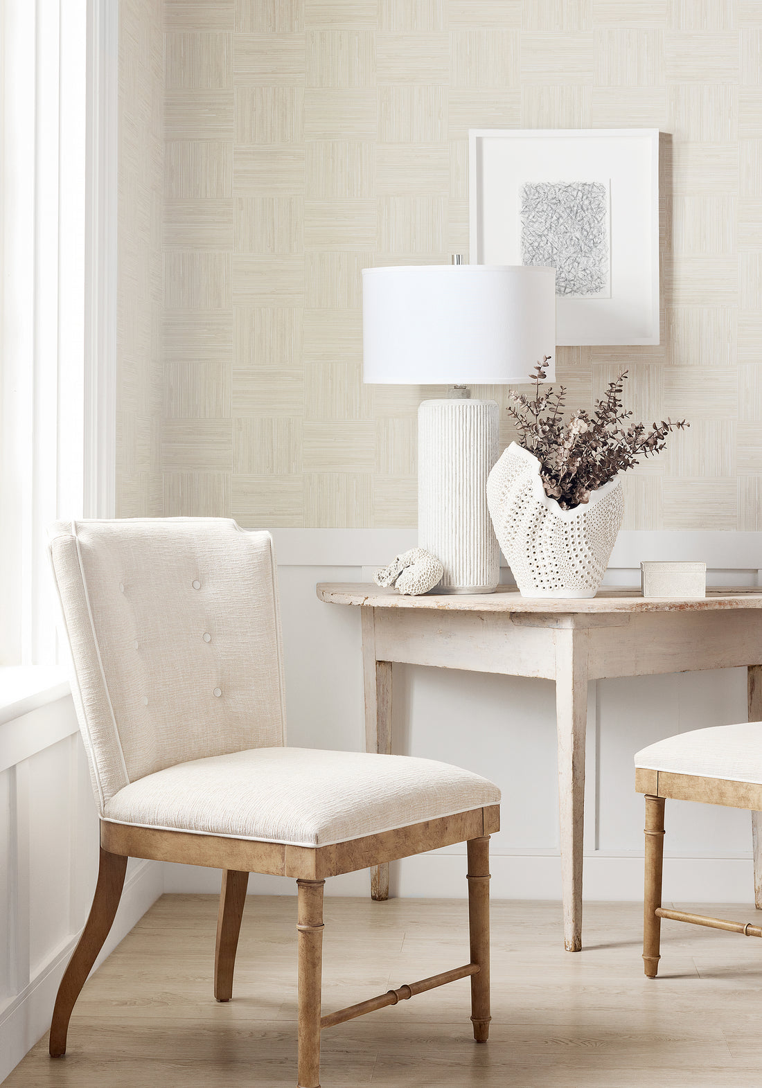 Stirling Dining Chairs in Piper woven fabric in ivory color - pattern number W73439 by Thibaut in the Landmark Textures collection