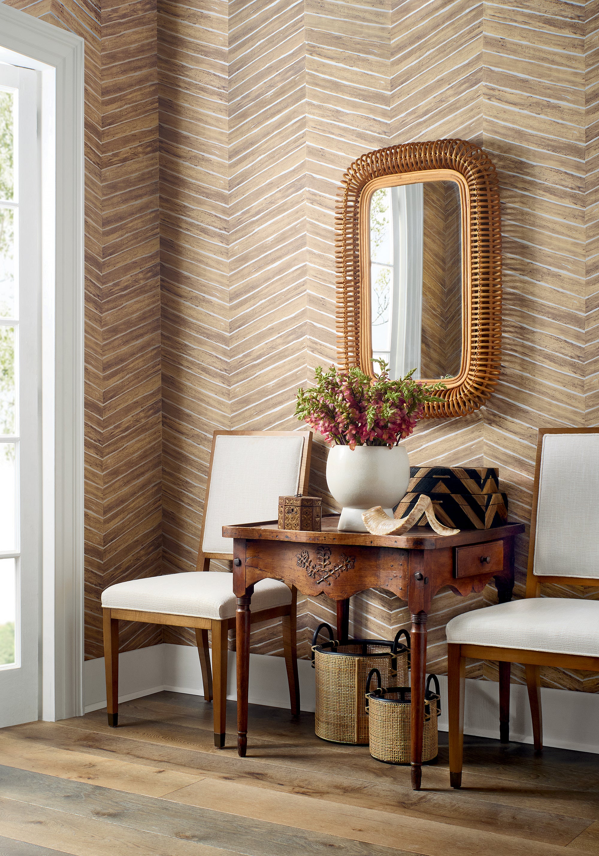 Lauderdale Dining Chairs in Piper woven fabric in ivory color - pattern number W73439 by Thibaut in the Landmark Textures collection