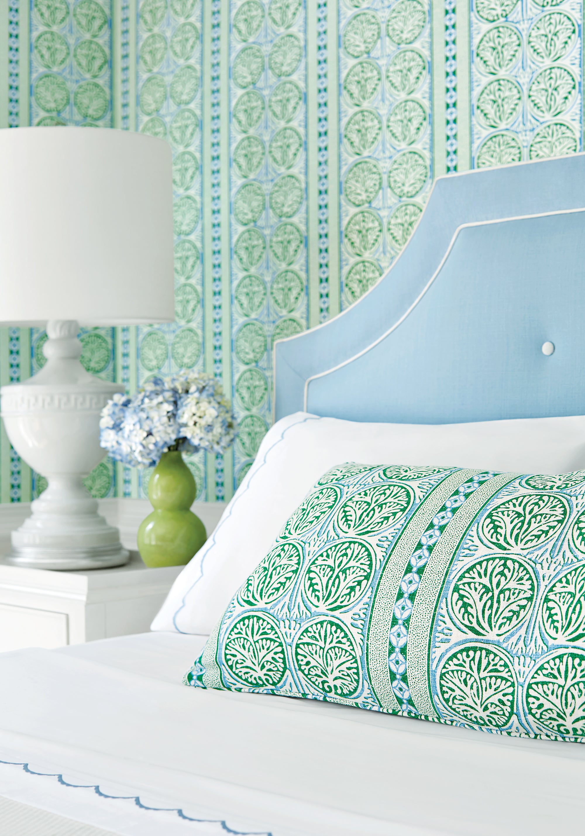 Detailed view of Fair Isle printed fabric in green and blue color - pattern number F988732 by Thibaut in the Trade Routes collection