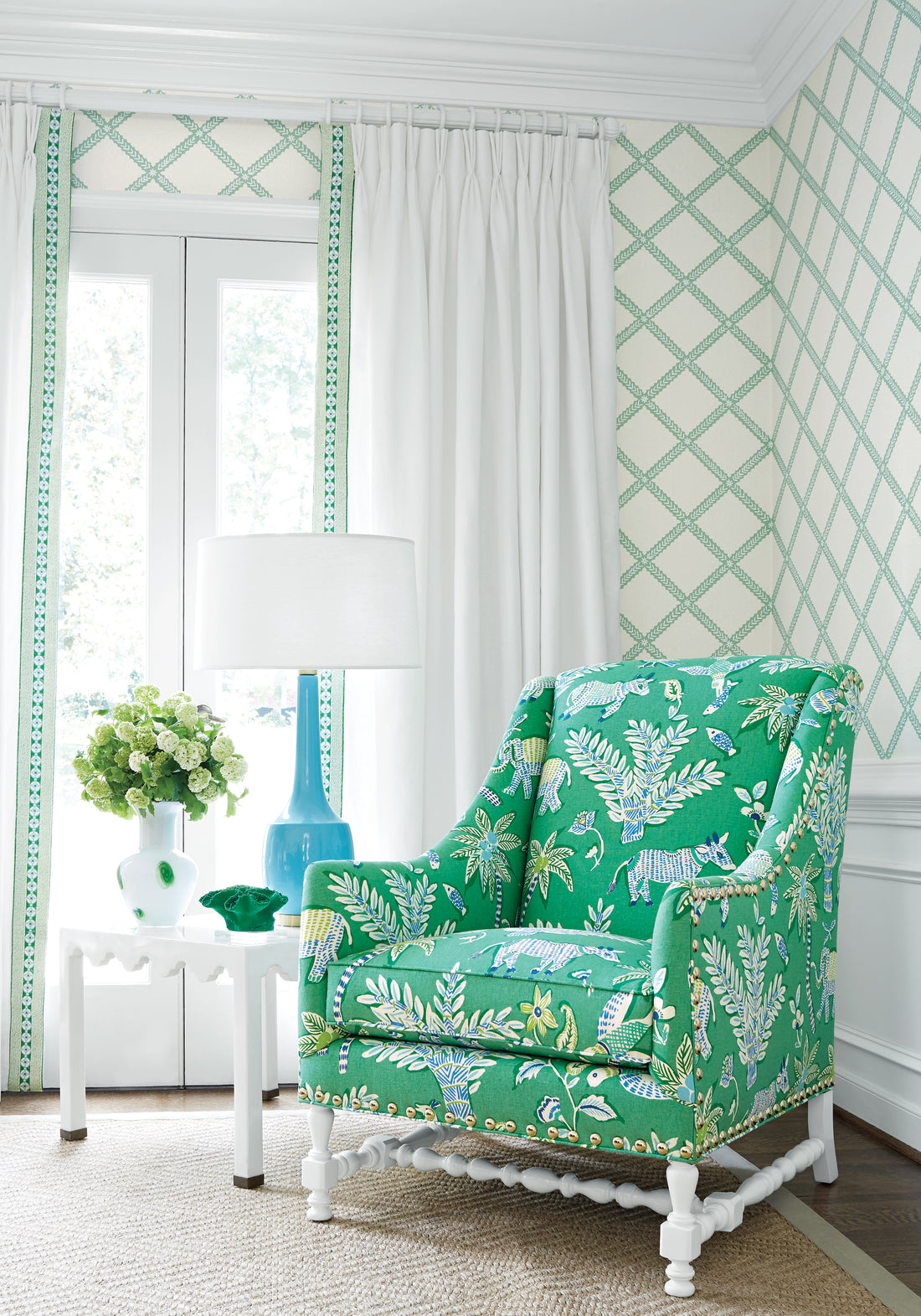 Salem Wing Chair in Goa printed fabric in green color - pattern number F988721 - by Thibaut in the Trade Routes collection