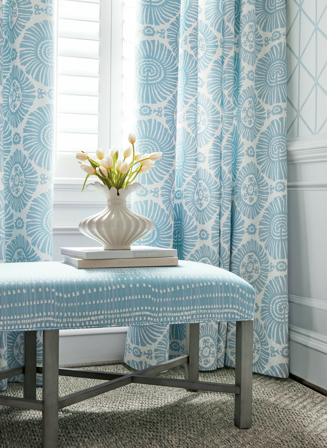 Bellwood Bench in Cape Town woven fabric in light blue color variant by Thibaut in the Tropics collection - pattern number W710113