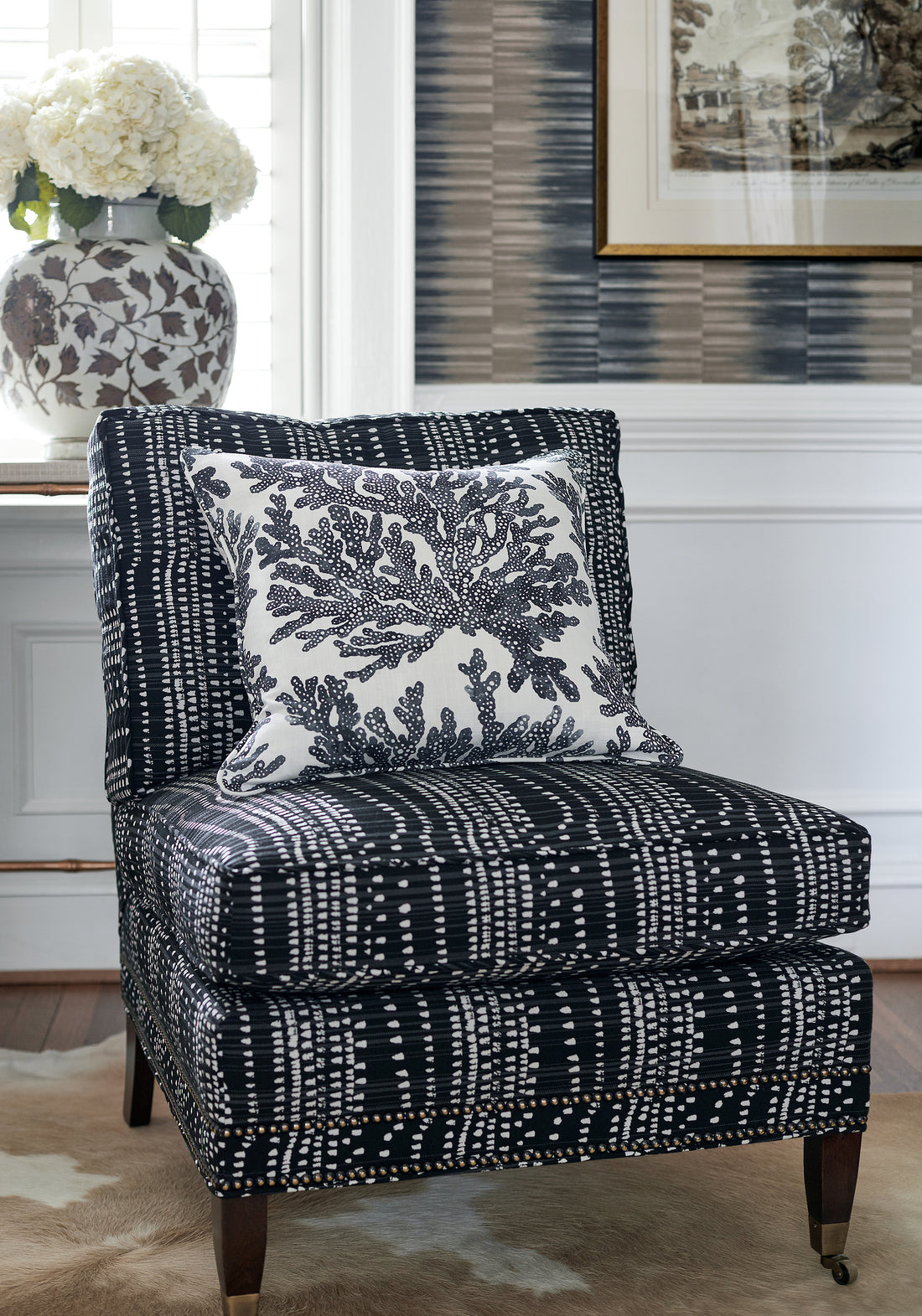 Frontal view of Mayfair Chair in Cape Town woven fabric in black color - pattern number W710108 - by Thibaut in the Tropics collection