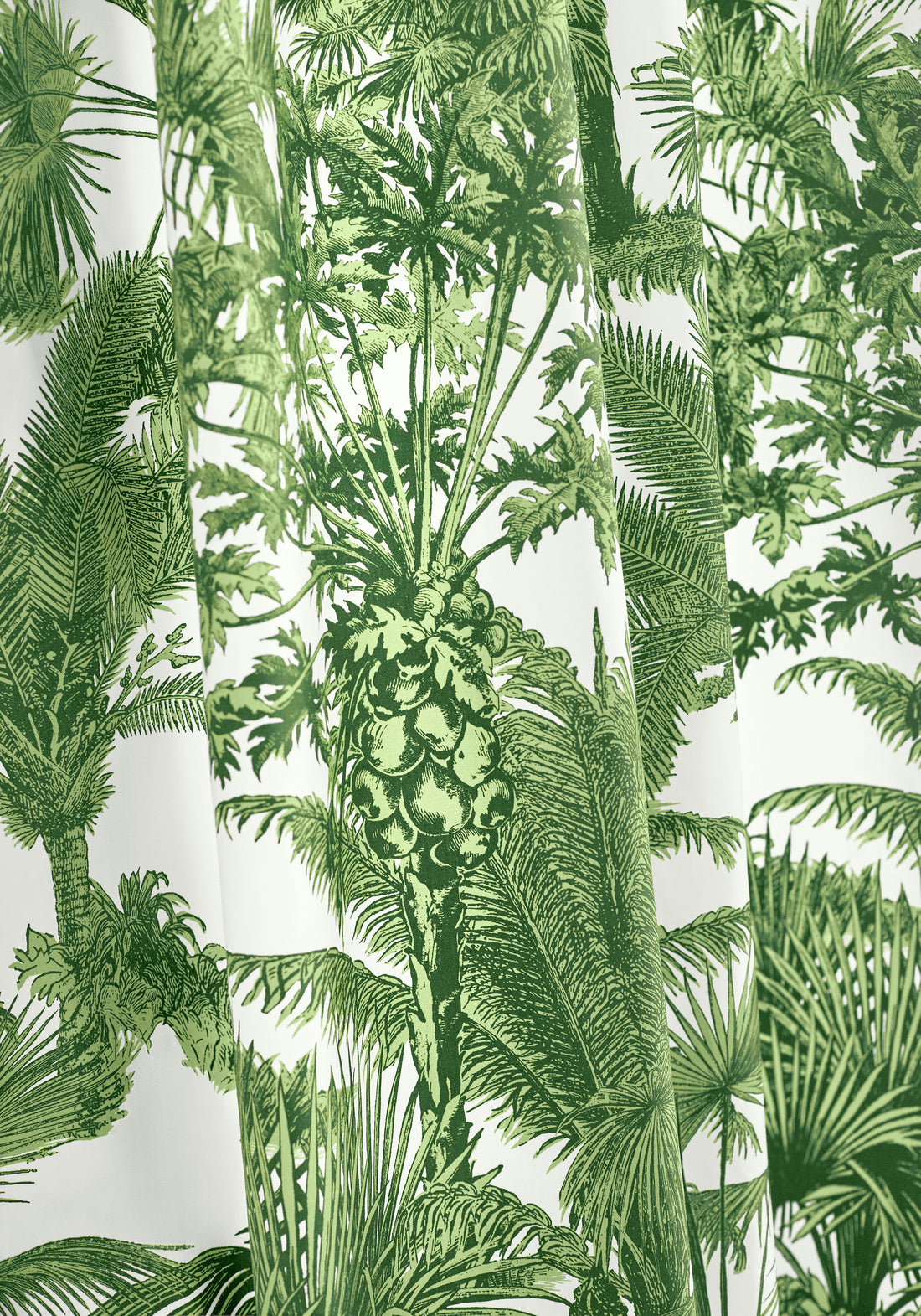 Emerald green colored Palm Botanical printed fabric, pattern number F910103, of Thibaut&