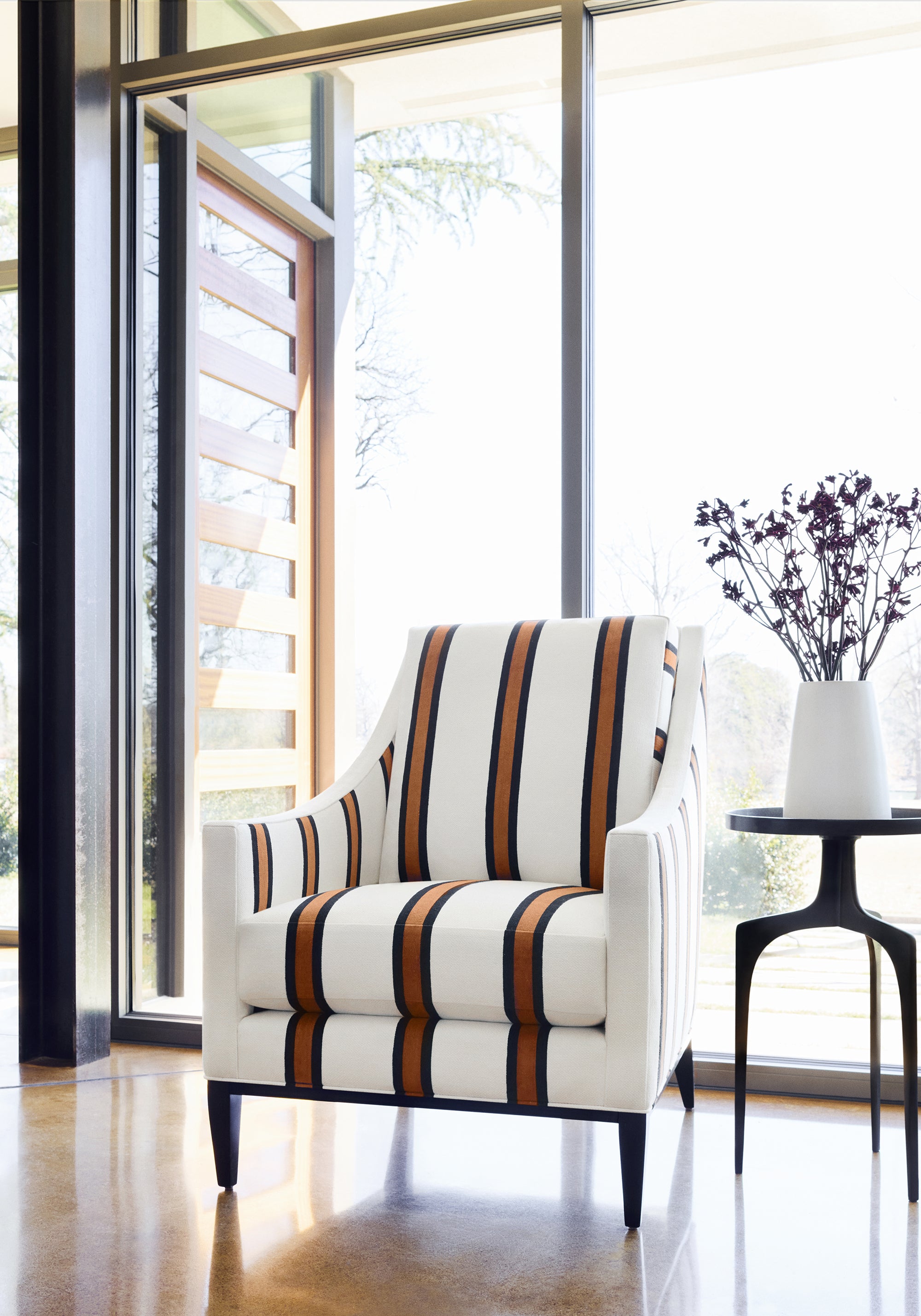 Frontal view of Carson Chair in Abito Stripe woven fabric in copper color - pattern number W77141 - by Thibaut in the Veneto collection