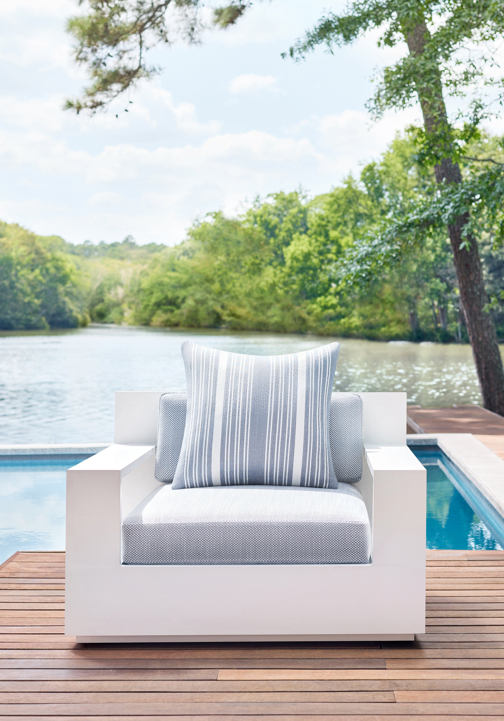 Chair cushion in Ravenna woven fabric in horizon color - pattern number W8617 - by Thibaut in the Villa Textures collection