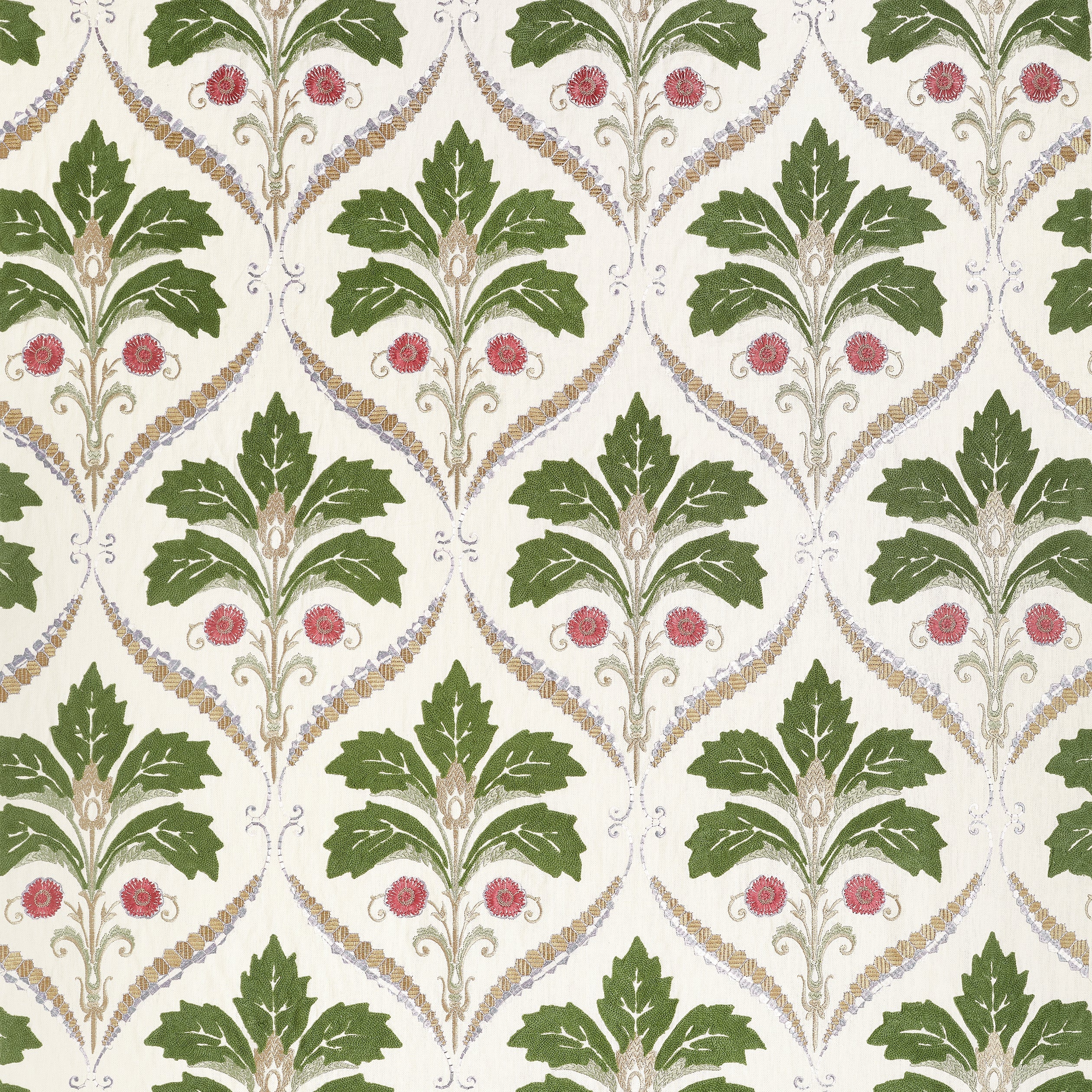 Kendall Damask Embroidery fabric in olive color - pattern number W710508 - by Thibaut in the Boxwood collection