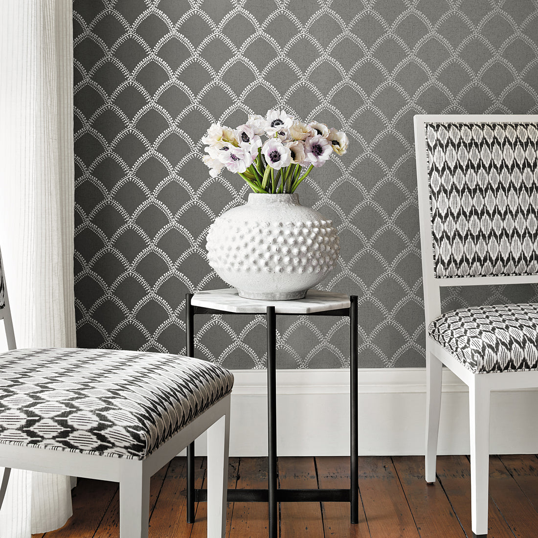 Lauderdale Chairs in Balin Ikat printed fabric in Black - pattern number AF73020 - by Anna French