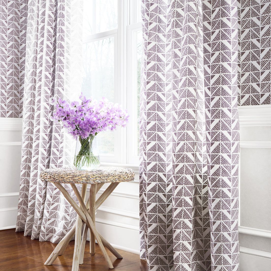 Draperies made with Bloomsbury Square fabric in plum color - pattern number AF23116 - by Anna French