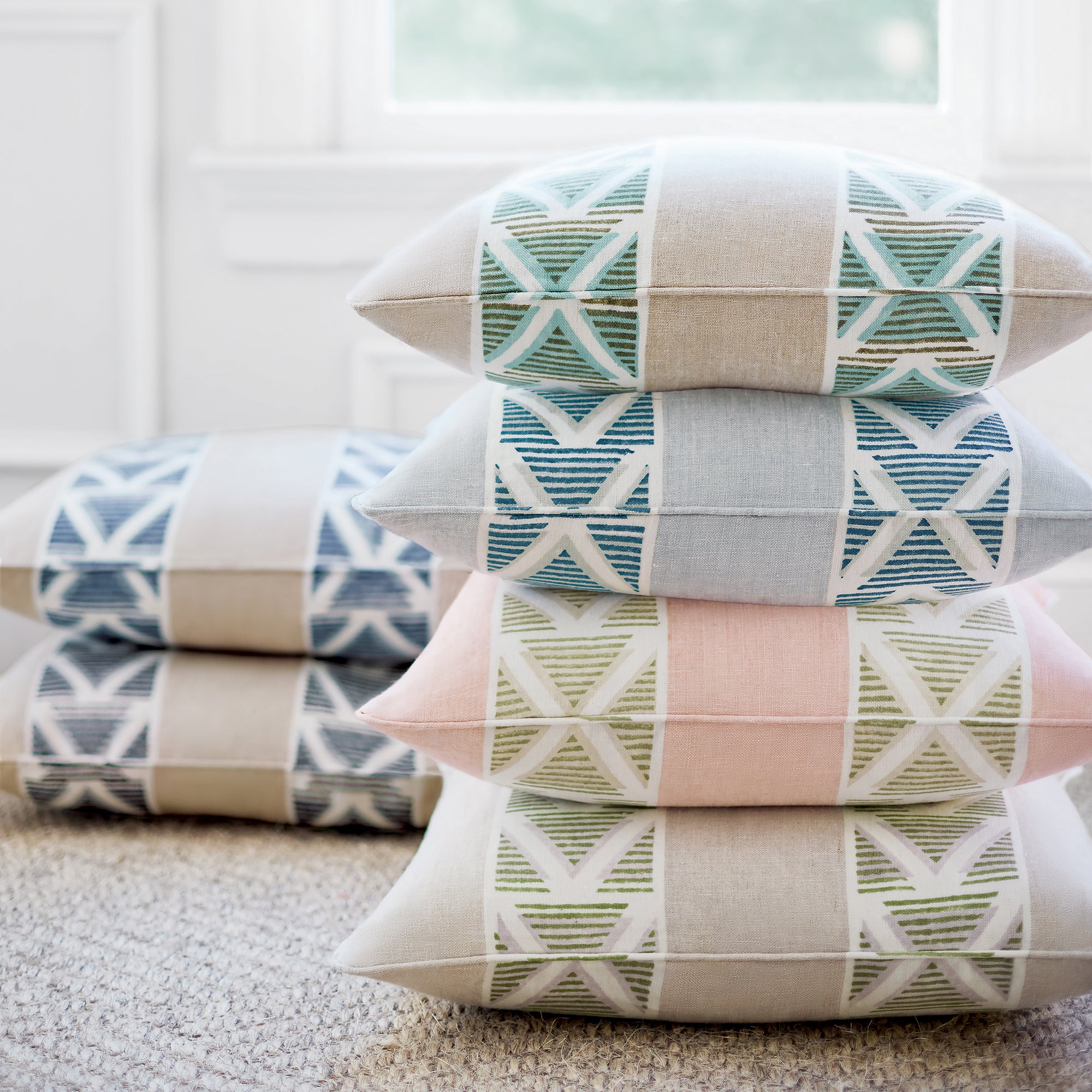 Pillow in Burton Stripe woven printed fabric in Lavender and Sage
