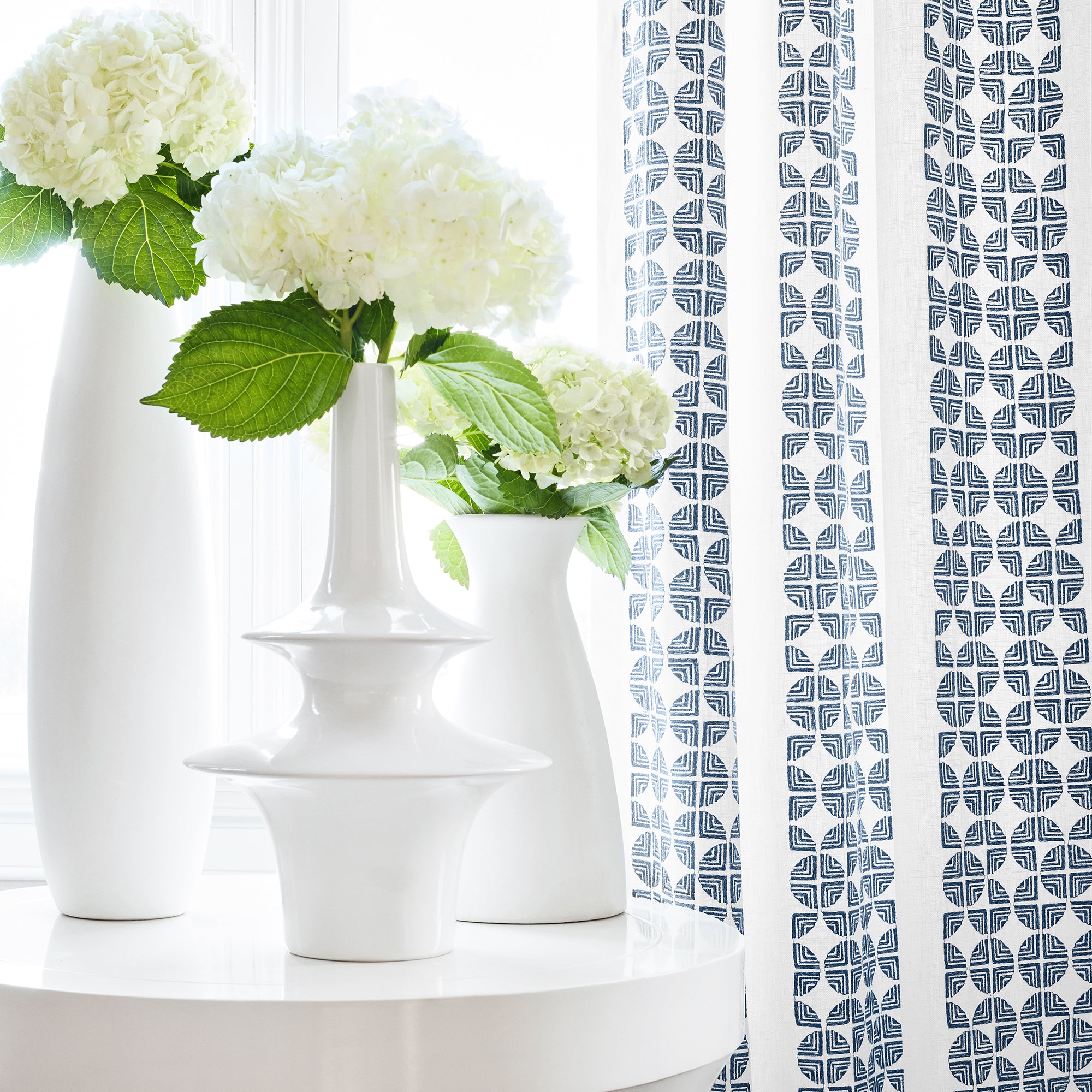 Detail of Draperies in Fairmont Stripe Embroidery woven fabric in Navy
