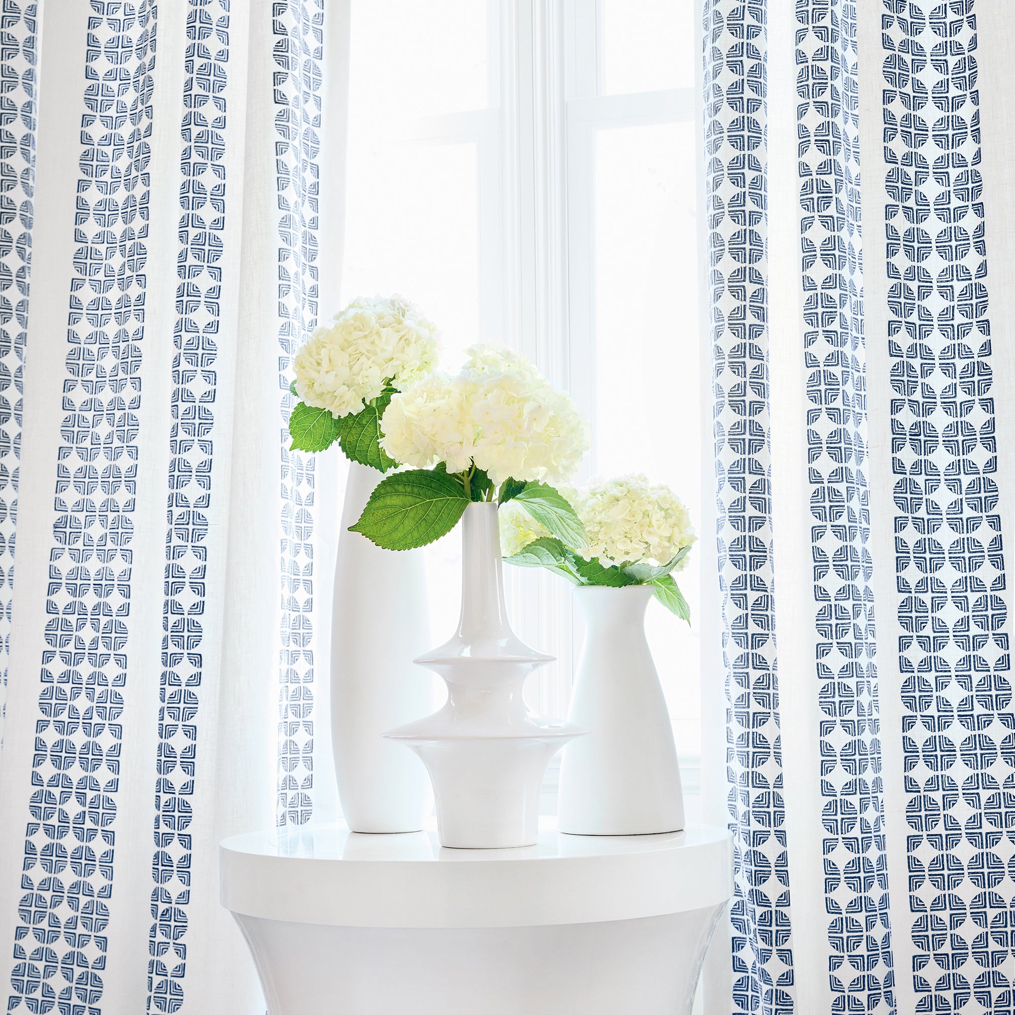 Draperies in Fairmont Stripe Embroidery woven fabric in Navy
