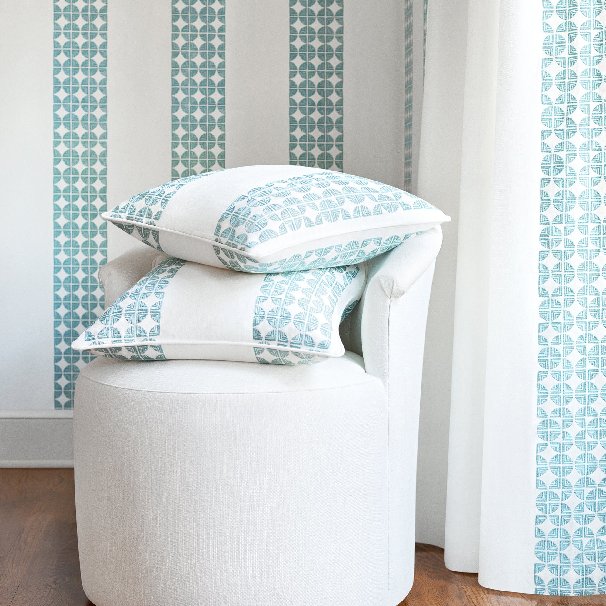 Pillows in Fairmont Stripe Embroidery woven fabric in Teal - pattern number AW23129 - by Anna French in the Willow Tree collection