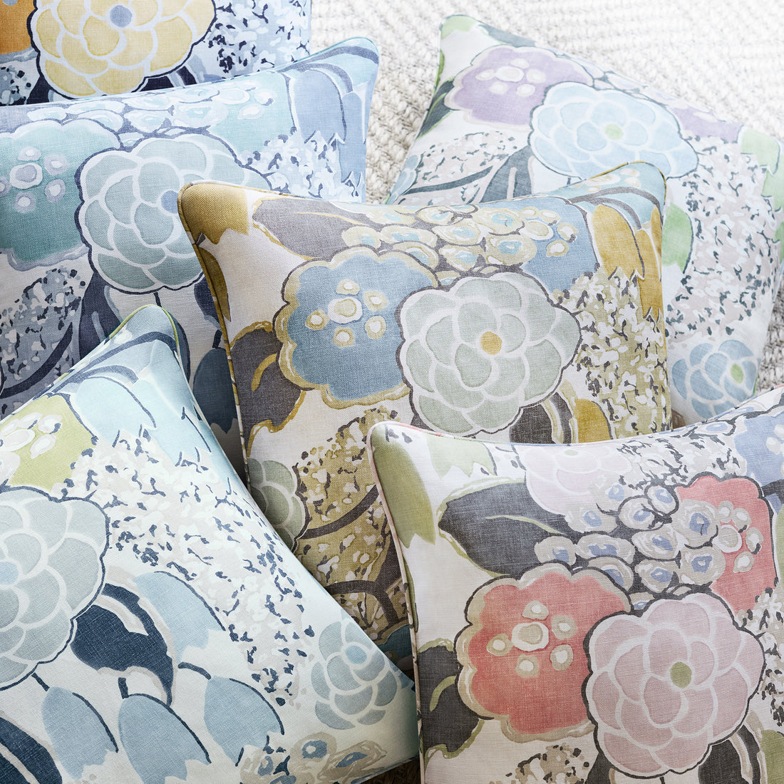 Color series showing Laura fabric in blue color - pattern number AF23105 - by Anna French in the Willow Tree collection