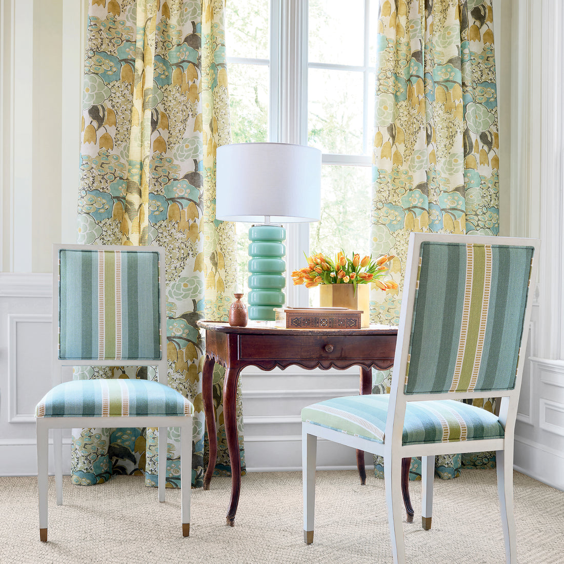Lauderdale Dining Chairs in Dearden Stripe woven fabric in Turquoise and Green