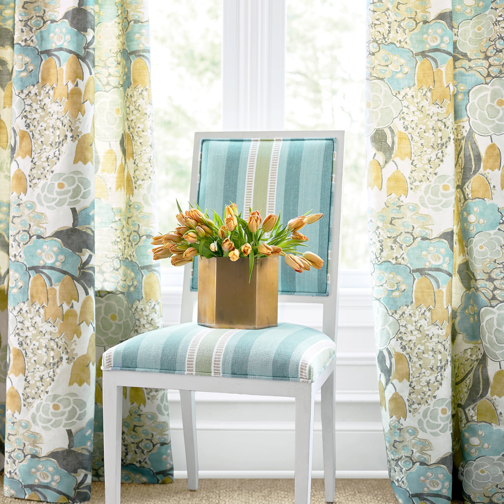 Draperies in Laura printed fabric in Sage and Gold - pattern number AF23102 - by Anna French in the Willow Tree collection