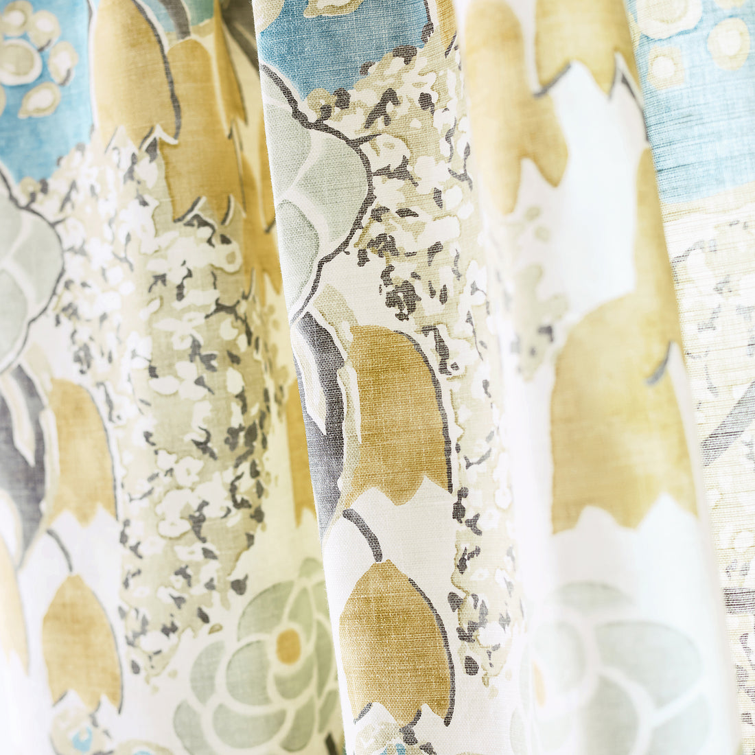 Detail of Laura printed fabric in Sage and Gold
