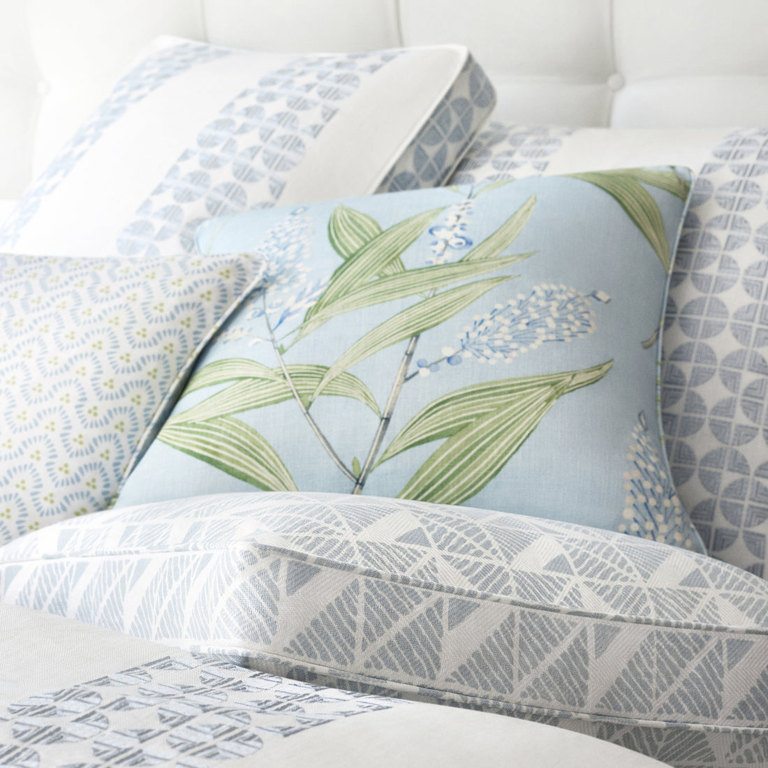 Pillow in Winter Bud printed fabric in Soft Blue - pattern number AF23133 - by Anna French in the Willow Tree collection