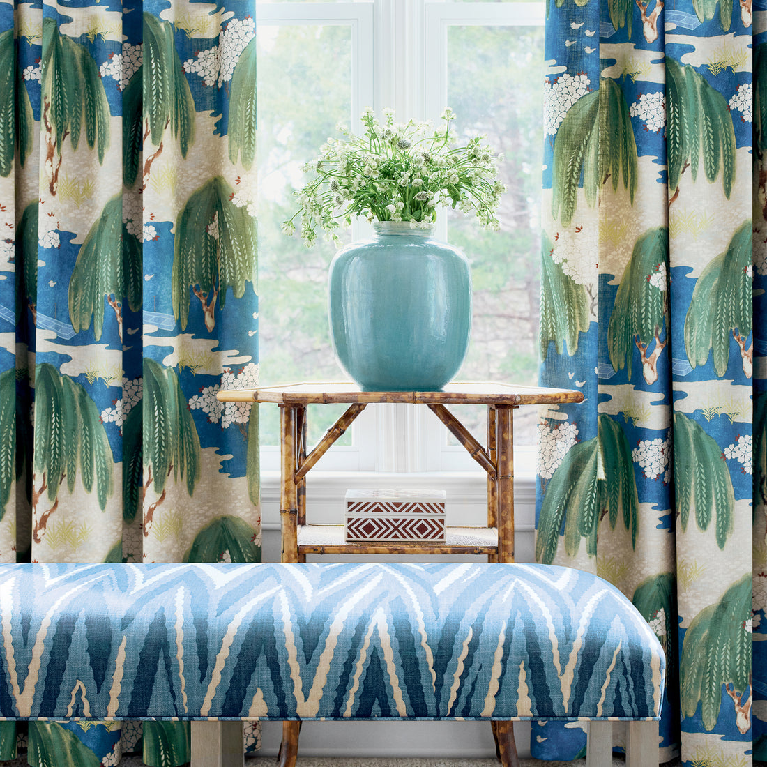 Bellwood Bench in Highland Peak printed fabric in Navy - pattern number AF23157 - by Anna French in the Willow Tree collection