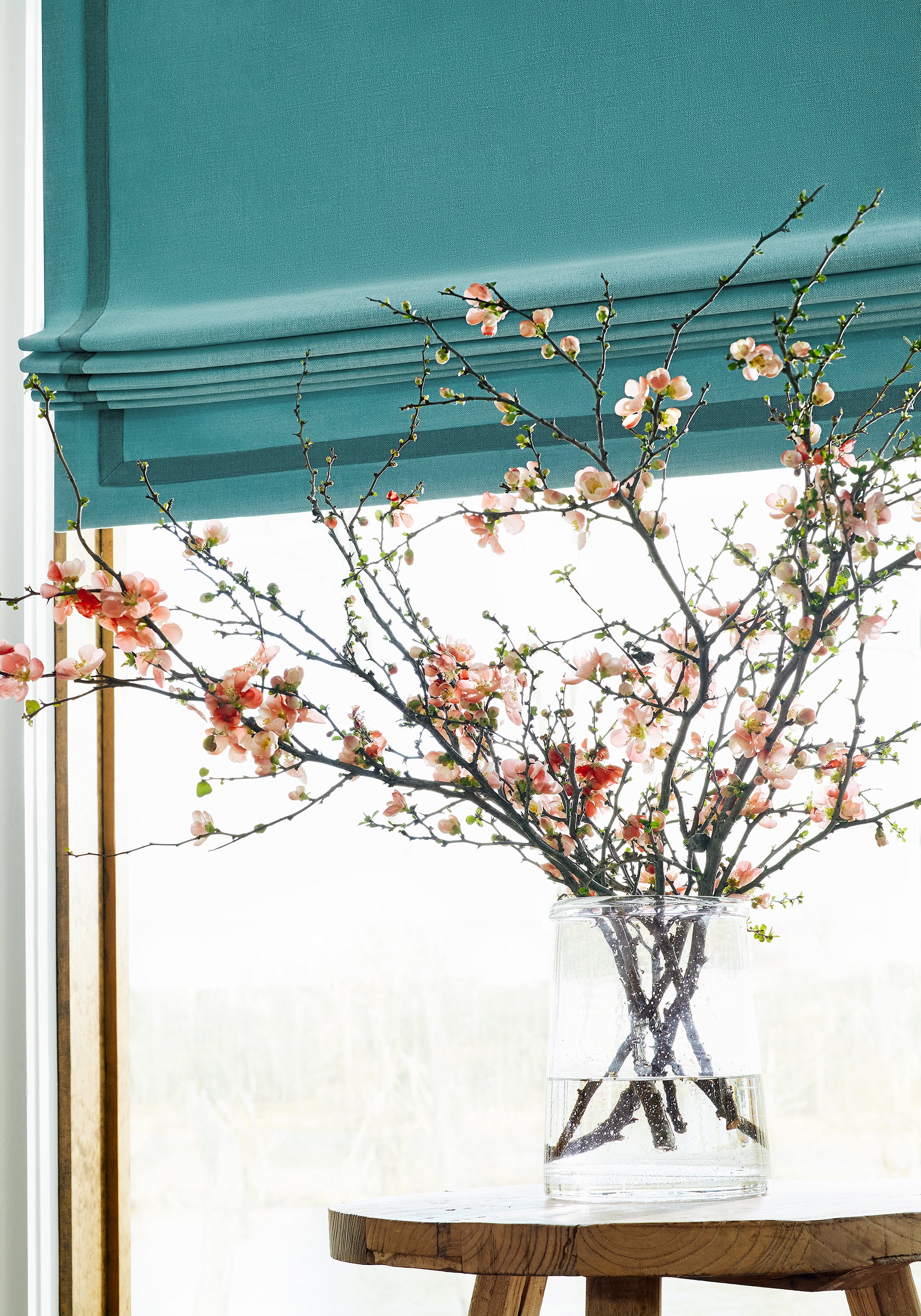 Prisma woven fabric roomshade in pool color with peacock trim - pattern number W70146 - by Thibaut in the Woven Resource Vol 12 Prisma collection