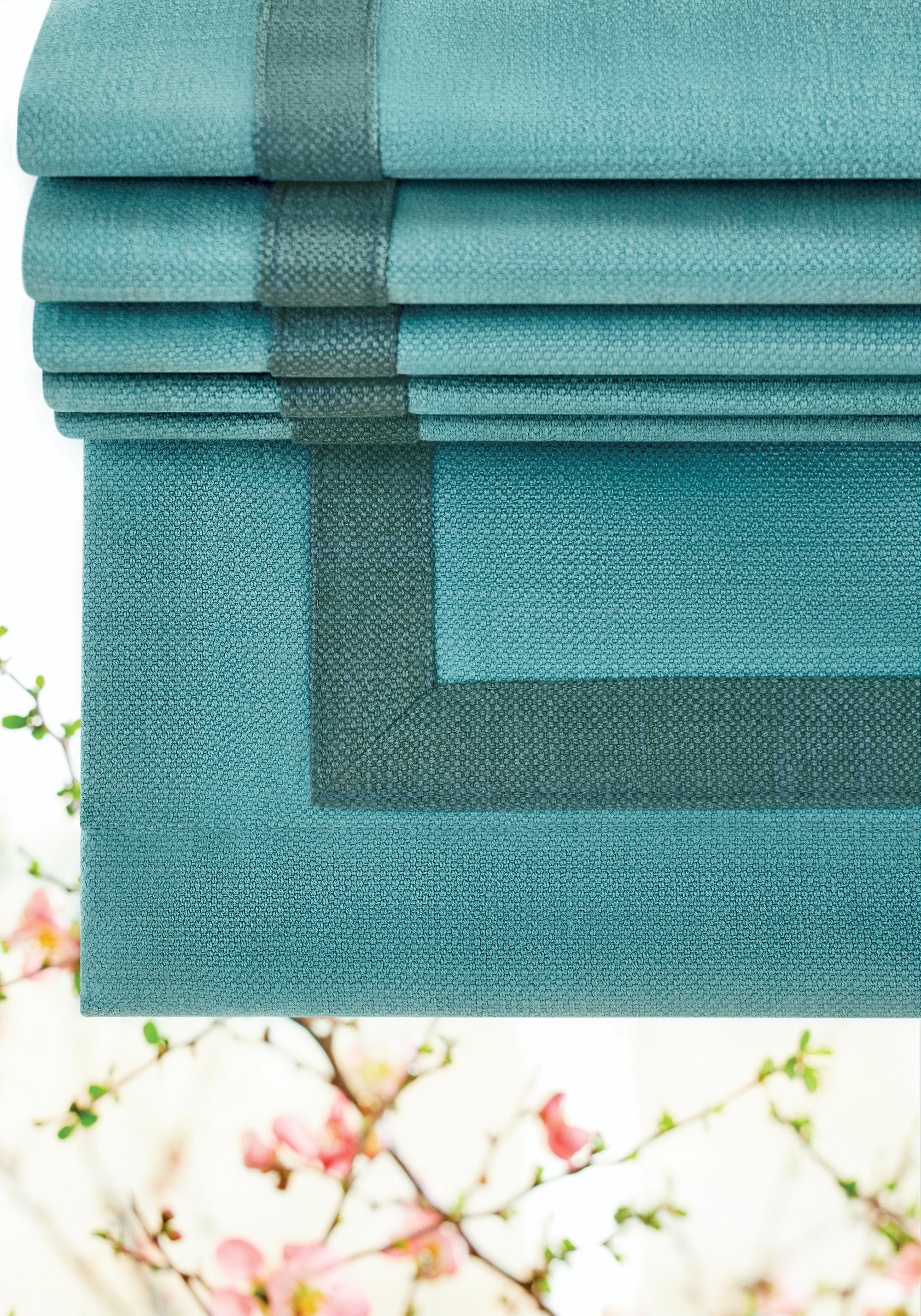 Pool colored Prisma woven fabric roomshade with peacock trim, pattern number W70146 of Thibaut&