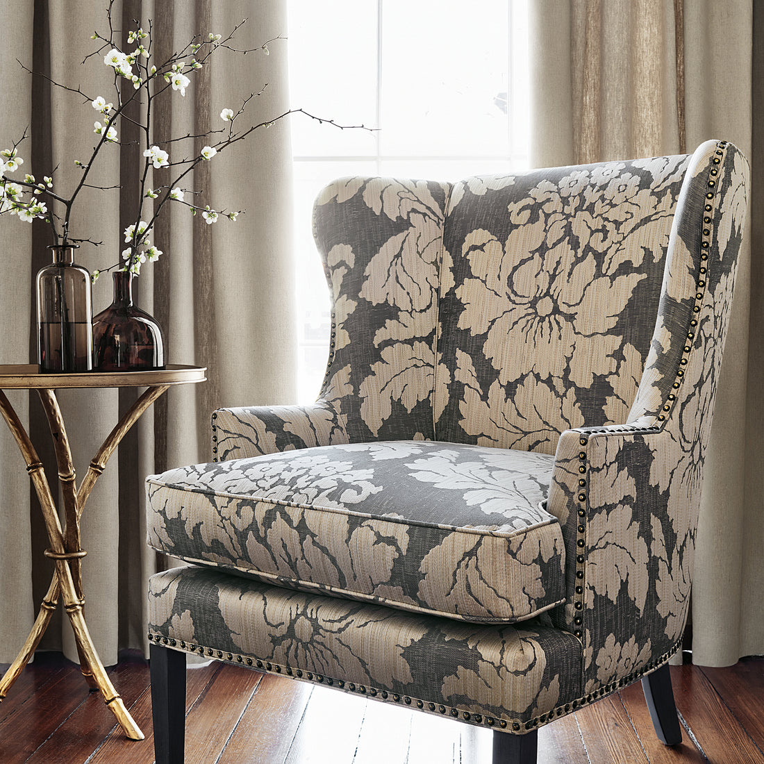 Monterey Wing Chair in Caserta Damask woven fabric in Taupe - pattern number AW72979 - by Anna French