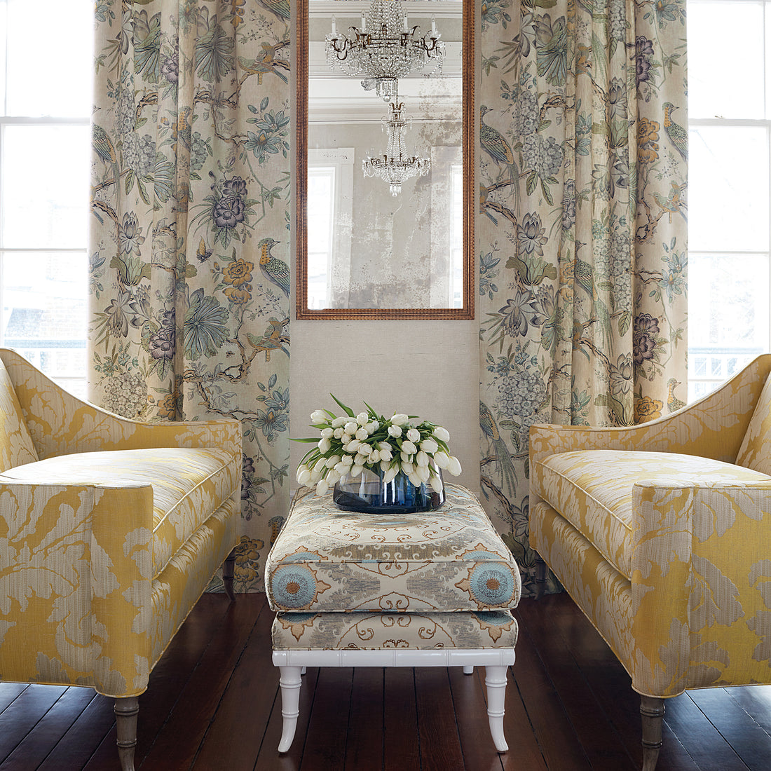 Draperies in villeneuve printed fabric in Yellow and Grey - pattern number AF72991 - by Anna French in the Manor collection