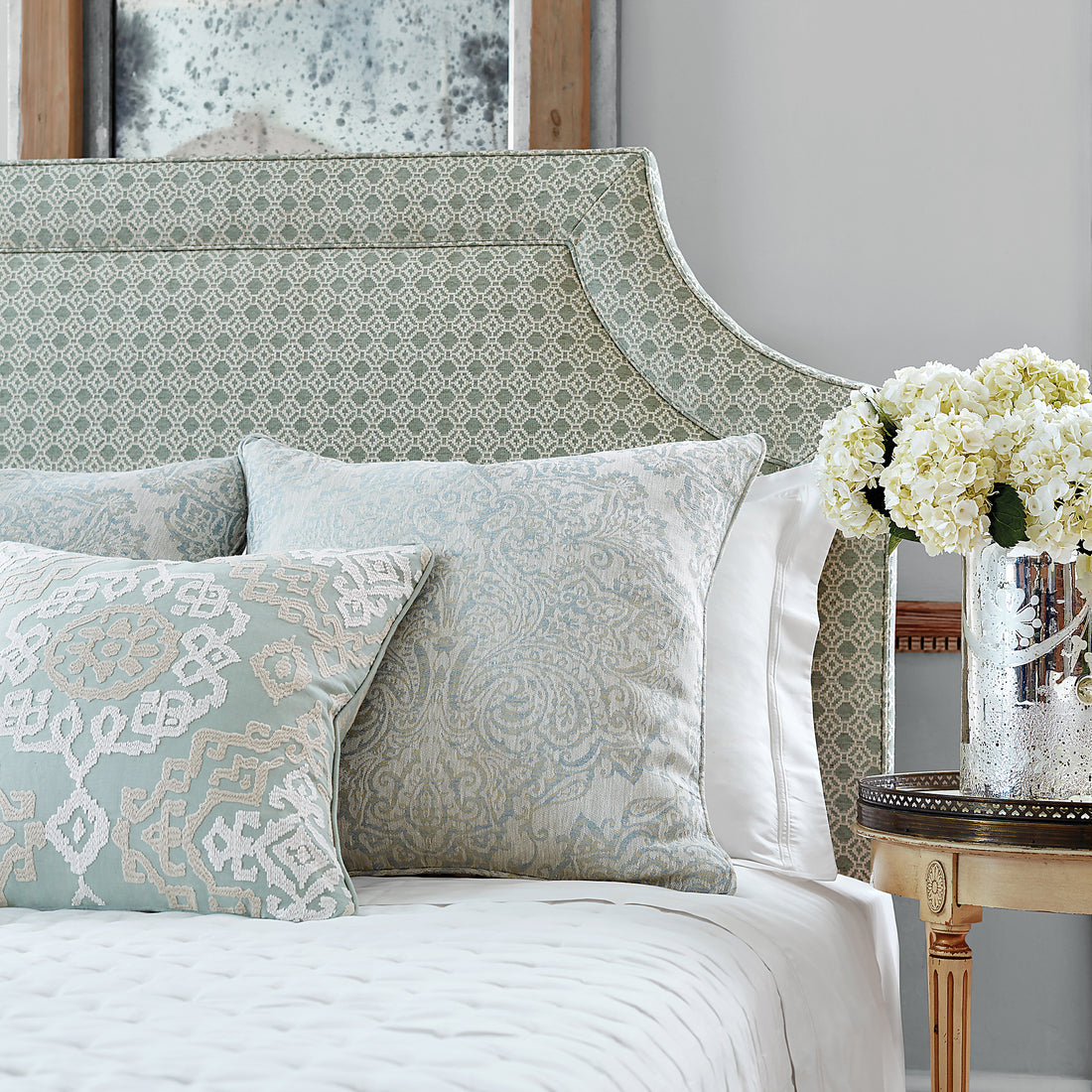Ridgewood Headboard in Amalfi woven fabric in Sage - pattern number AW73038 - by Anna French in the Meridian collection