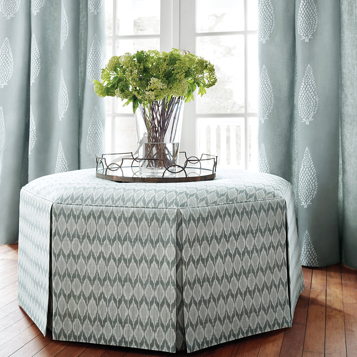Wyndham Ottoman in Balin Ikat printed fabric in Sage - pattern number AF73022 - by Anna French in the Meridian collection