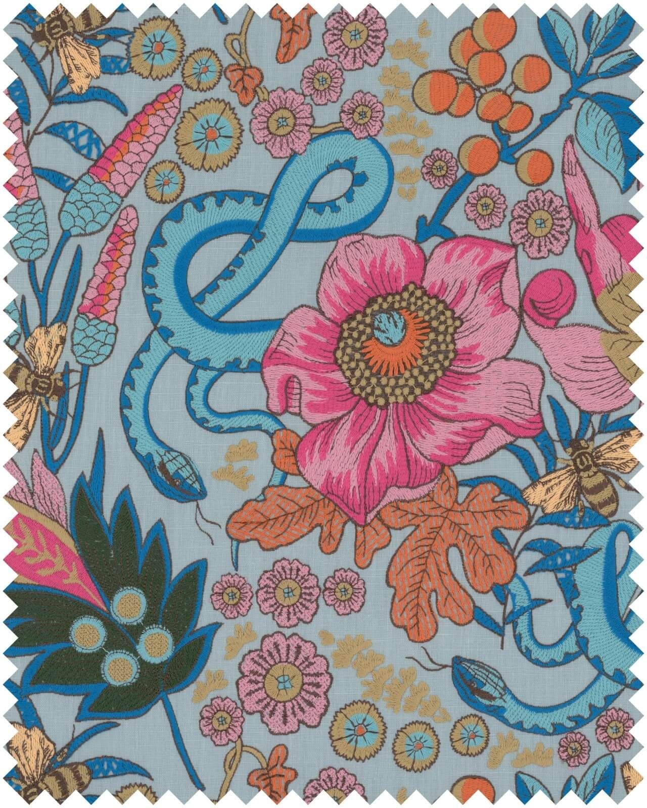 Giardino Segreto Embroidered fabric in blue pink color - pattern number FB00148 - by Mind The Gap in the La Dolce Vita collection