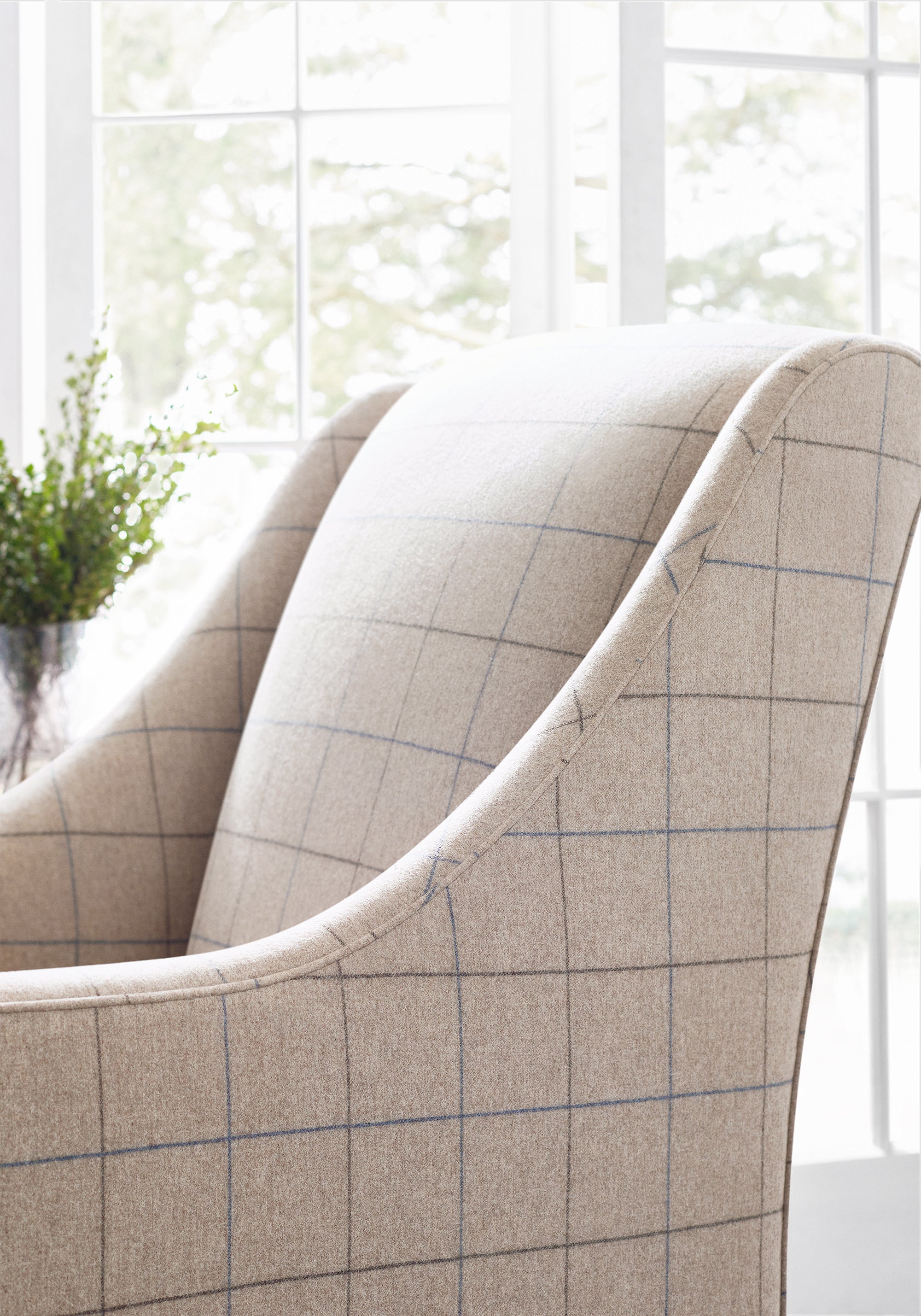 Detailed view of Salem Wing Chair in Ravello woven fabric in cinnamon color - pattern number W8100 by Thibaut in the Sereno collection