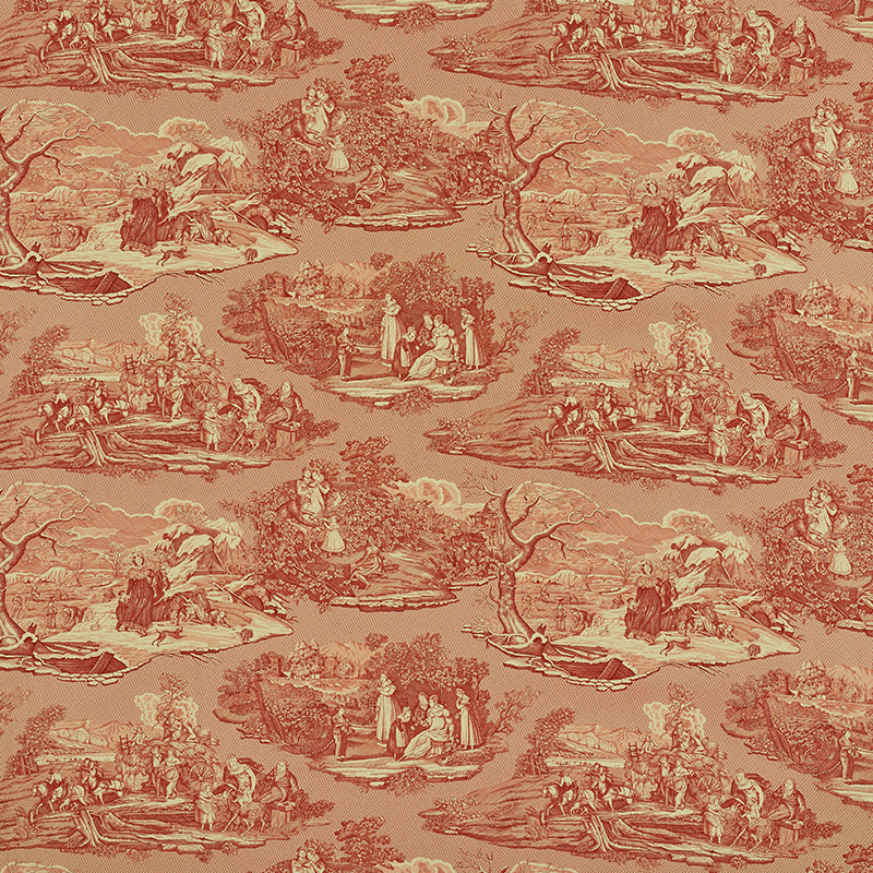 Four Seasons Toile fabric in document red color - pattern number 1207013 - by Schumacher in the Schumacher Classics collection