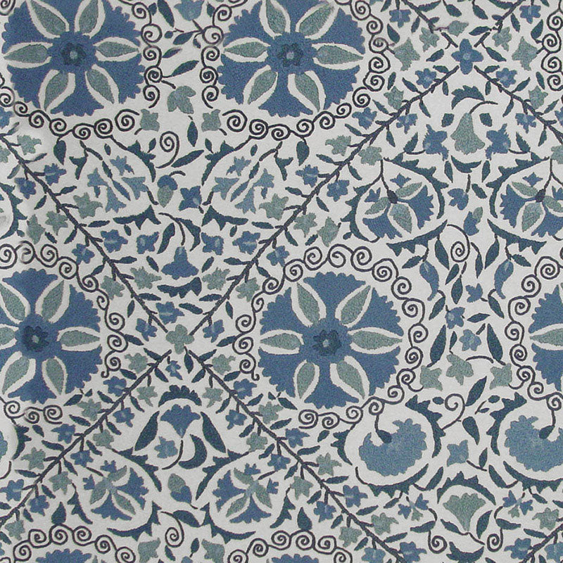 Madura Floral Stitchery fabric in indigo and ivory color - pattern number 1276002 - by Schumacher in the Classic Prints collection