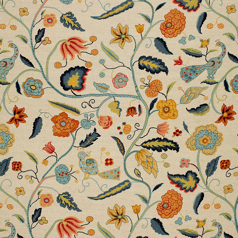 Apsley Vine fabric in apricot and teal color - pattern number 1307000 - by Schumacher in the Classic Prints collection