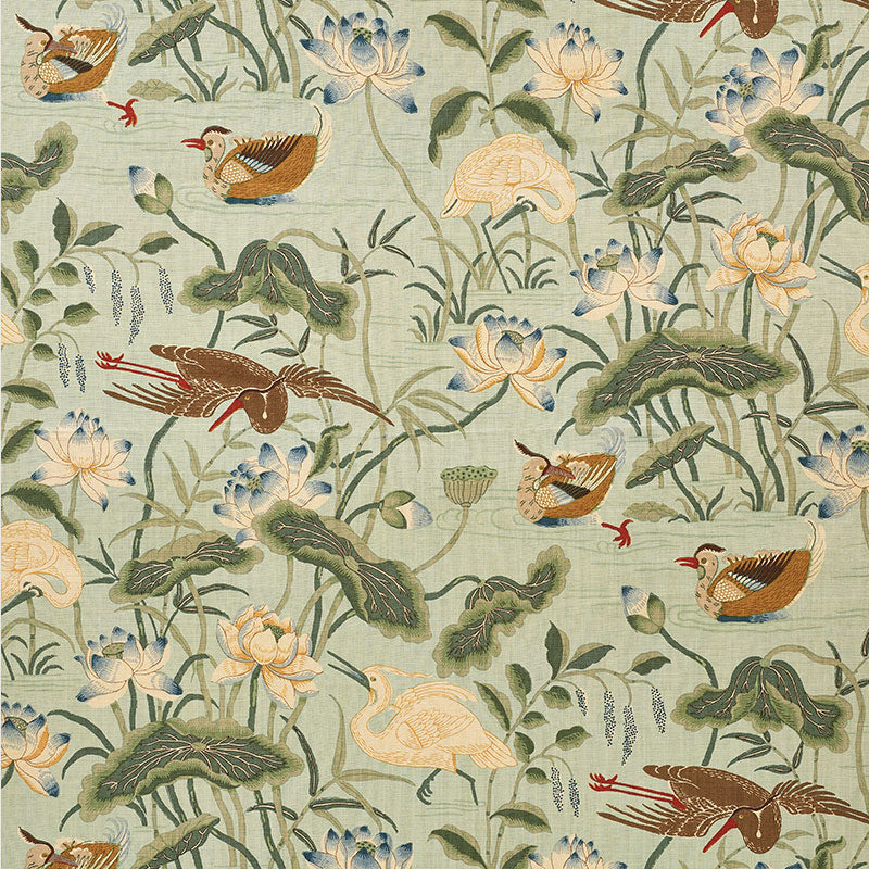 Lotus Garden fabric in aqua color - pattern number 172938 - by Schumacher in the Schumacher Classics collection