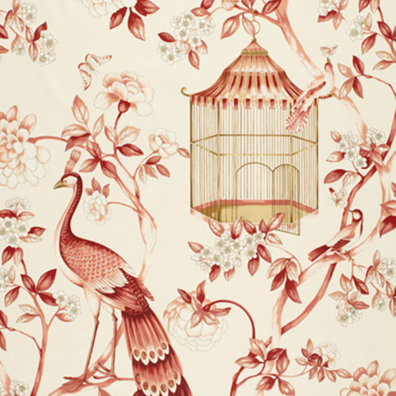 Oiseaux Et Fleurs fabric in cinnabar color - pattern number 173442 - by Schumacher in the Schumacher Classics collection