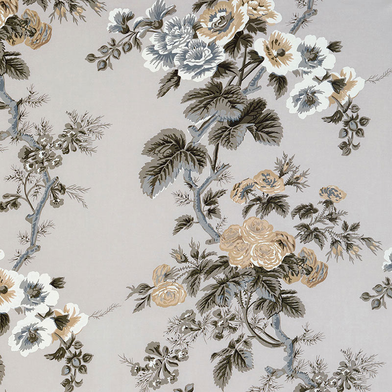 Pyne Hollyhock fabric in grisaille color - pattern number 174453 - by Schumacher in the Schumacher Classics collection