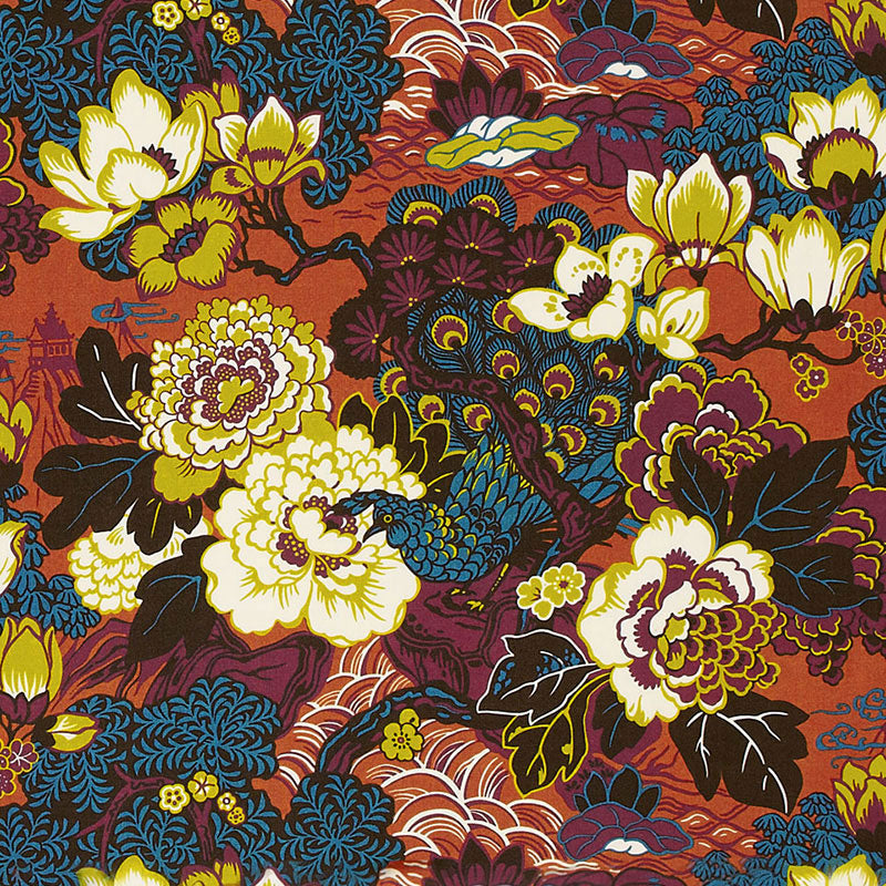 Shanghai Peacock fabric in cinnabar color - pattern number 175132 - by Schumacher in the Exuberant Prints collection