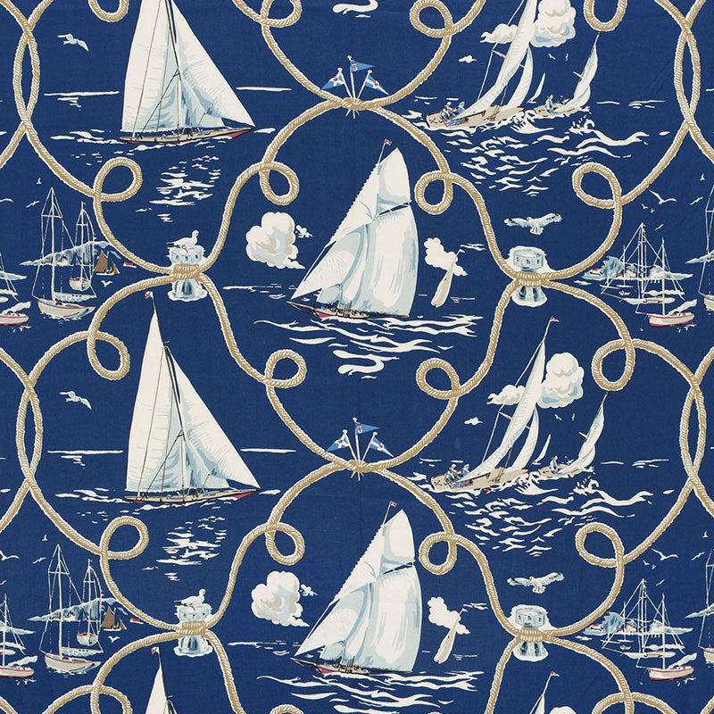 Summer Regatta Linen Print fabric in navy color - pattern number 175190 - by Schumacher in the Classic Prints collection