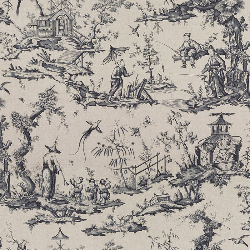 Shengyou Toile fabric in charcoal color - pattern number 175803 - by Schumacher in the Schumacher Classics collection