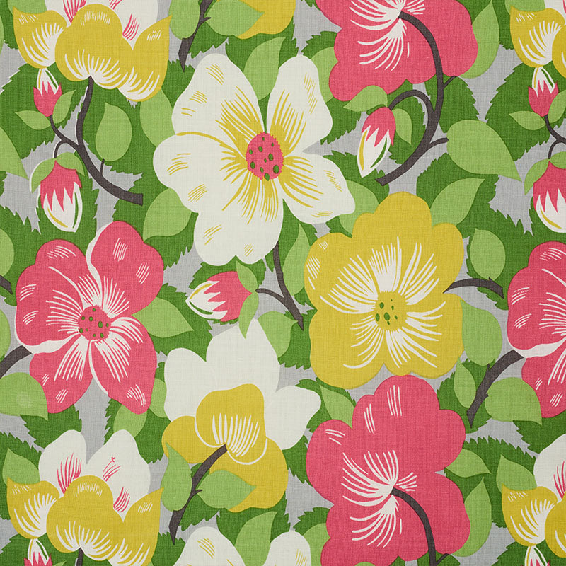 Magnolias fabric in poppy and yellow color - pattern number 177561 - by Schumacher in the Fashion Forward collection